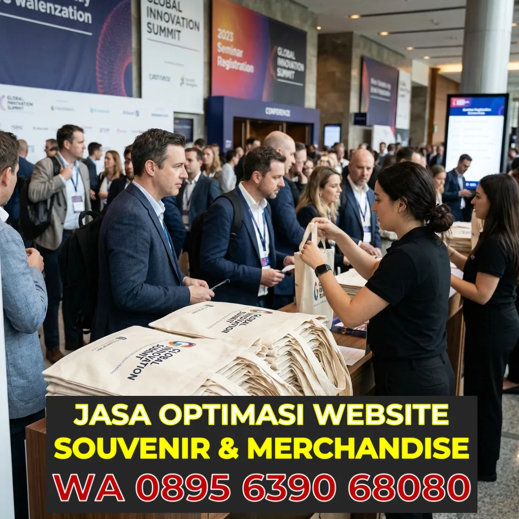 Tumpukan Tas Seminar Siap Dibagikan di Meja Registrasi